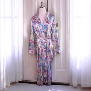 Vintage Kimono Robe Pink Tropical Floral Silky Shiny Satin Belted
